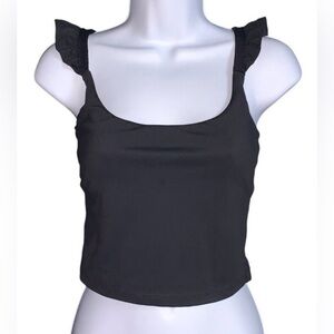 Blogilates Women’s Black Cropped Ruffle Strap Tank Top Scoop Neck! Size Medium.
